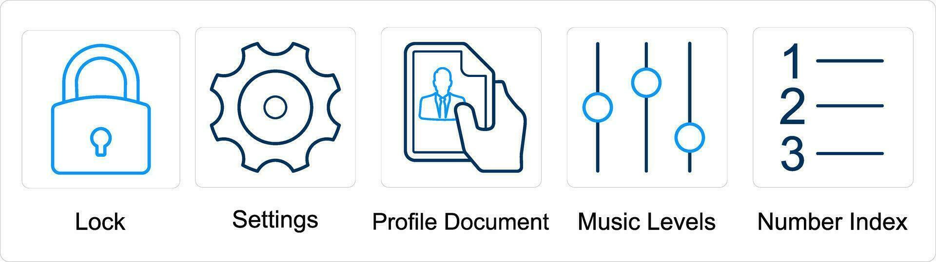 een reeks van 5 mengen pictogrammen net zo op slot doen, instellingen, profiel document, muziek- niveaus vector