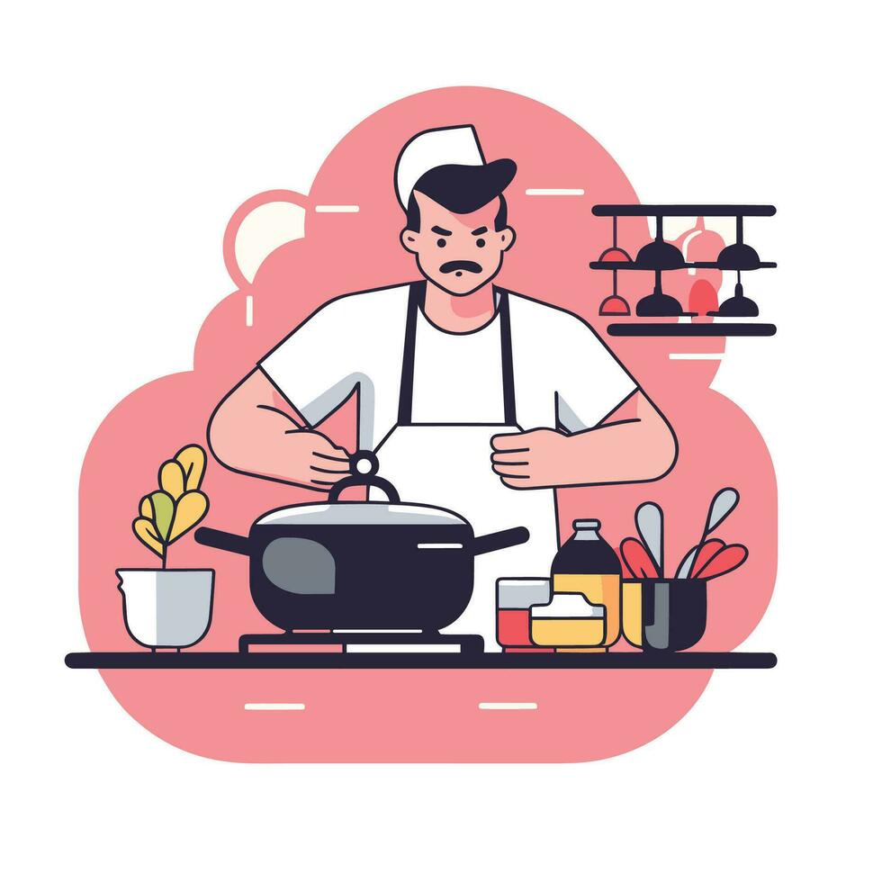 chef Koken in de keuken, vlak kunst ontwerp vector