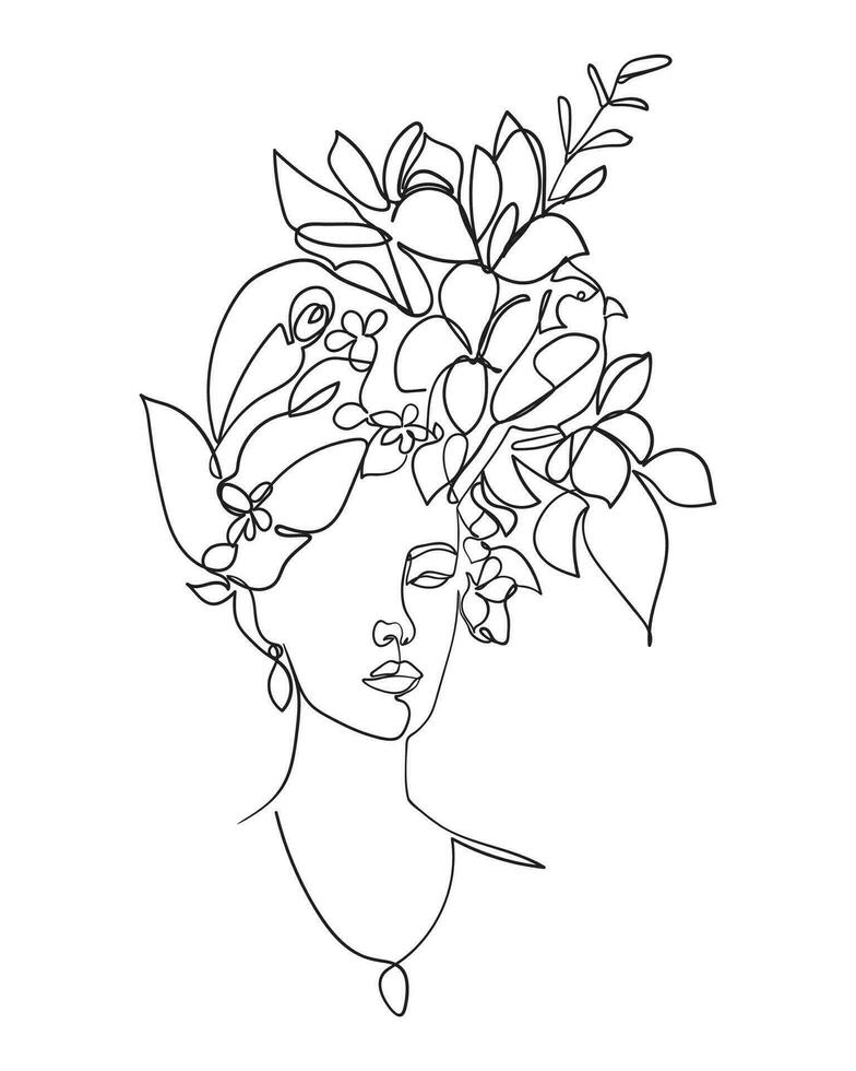 vrouw hoofd met bloemen een lijn tekening. - vector illustratie