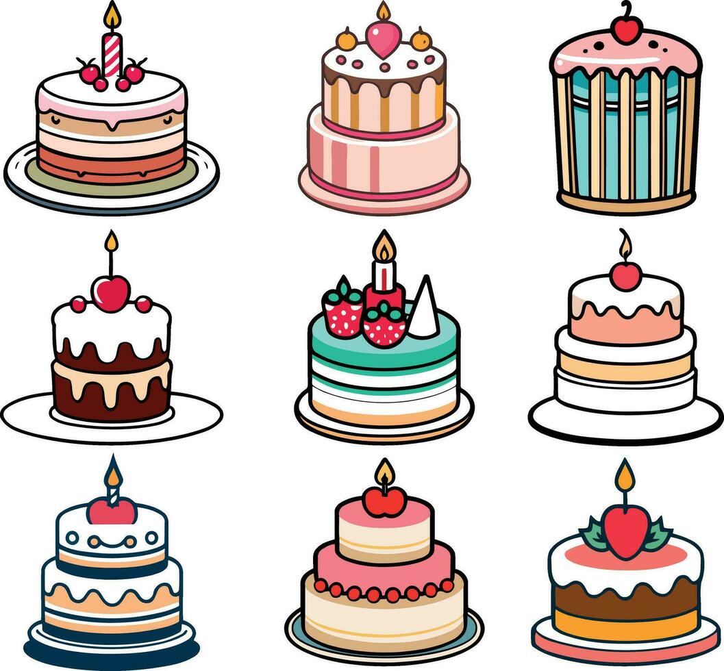reeks van tekenfilm stijl verjaardag taart illustratie, vlak voorkant ontwerp scherp pictogrammen verzameling vector