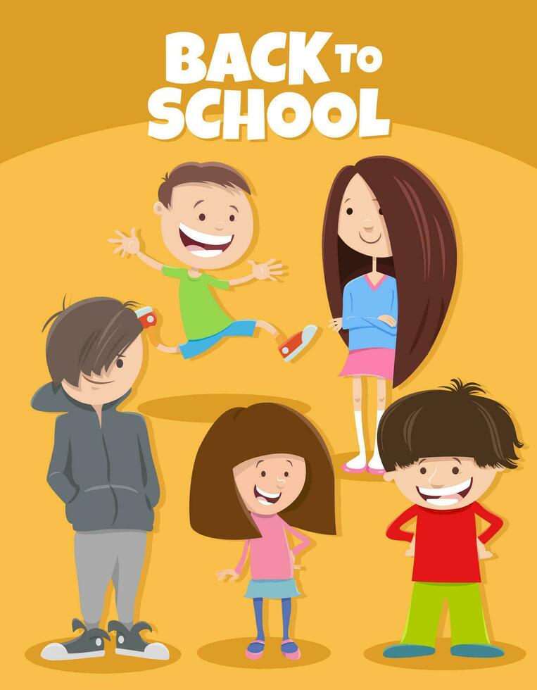 tekenfilm gelukkig kinderen met terug naar school- onderschrift vector