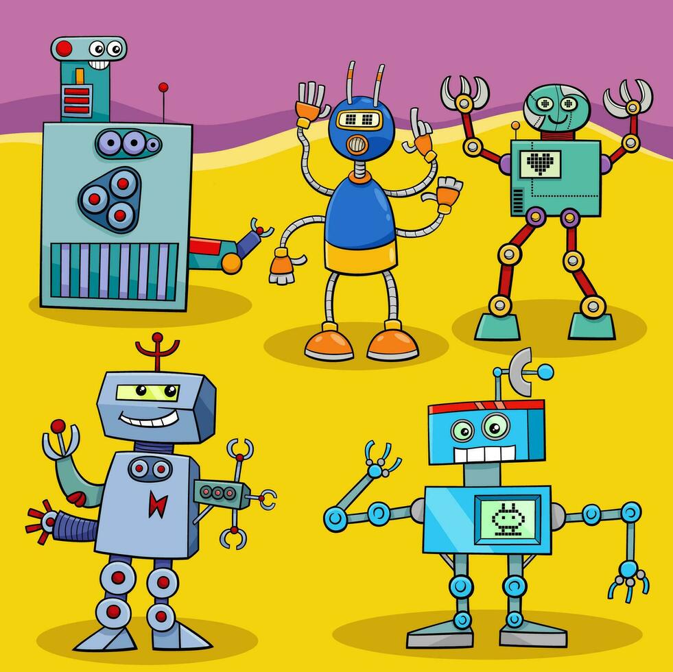 cartoon robots en droids stripfiguren groep vector