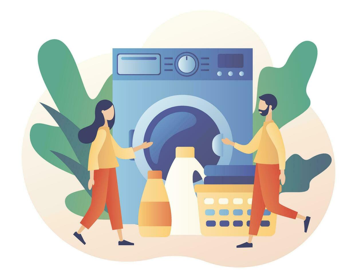 wasserij onderhoud. klein mensen wasserij in het wassen machine. wasserette, huis apparaat, huishouding concept. modern vlak tekenfilm stijl. vector illustratie Aan wit achtergrond