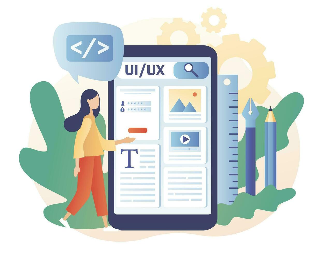 web ui-ux ontwerp. mobiel app ontwikkeling, toepassing ontwerp online, web gebouw concept. modern vlak tekenfilm stijl. vector illustratie Aan wit achtergrond