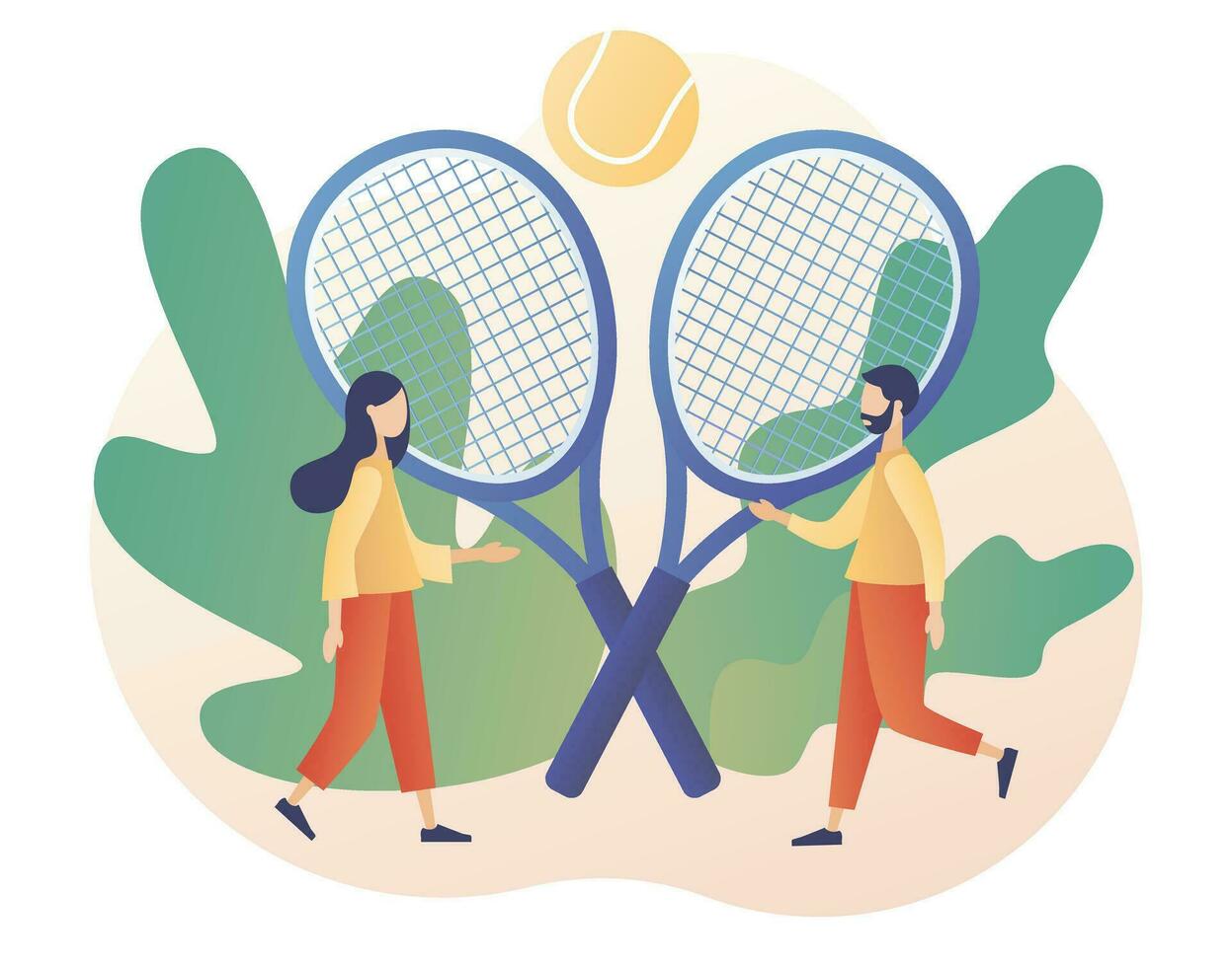 sport club online. tennis rechtbank, tennis rackets en ballen. groep werkzaamheid, opleiding. kampioenschap en toernooi. modern vlak tekenfilm stijl. vector illustratie Aan wit achtergrond