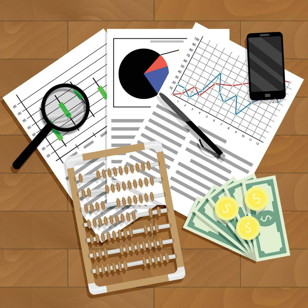 financieel analyse van statistieken. verslag doen van accounting visie statistisch, vector illustratie bank tafel