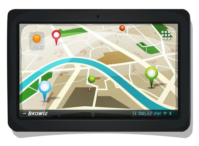 Stratenkaart met GPS-pinnen op Tablet PC-scherm vector