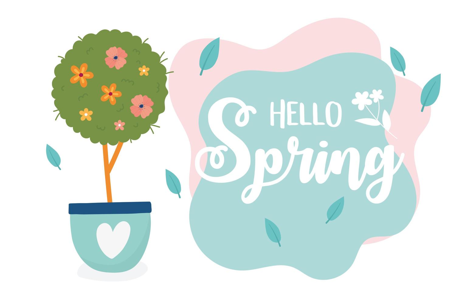 vrolijke lente boom bloemen in pot met hart liefde decoratie vector