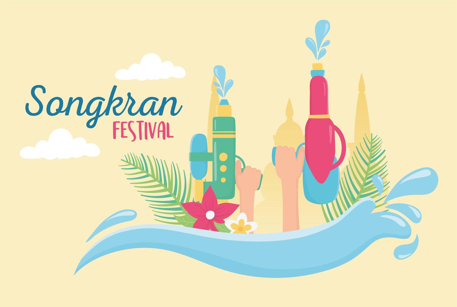 songkran festival handen met waterpistolen bloemen decoratie vector