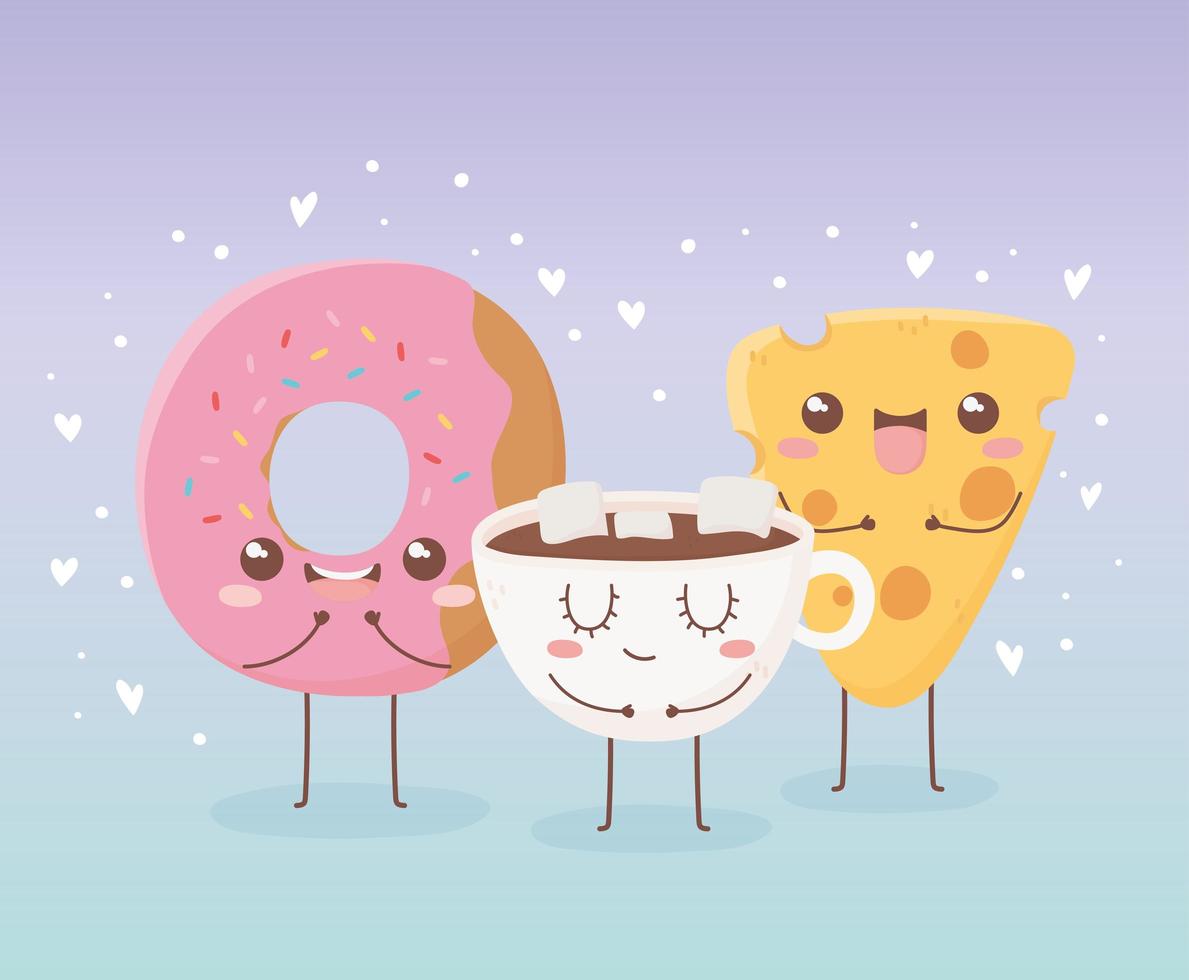 donut kaas en chocolade beker kawaii eten stripfiguur ontwerp vector