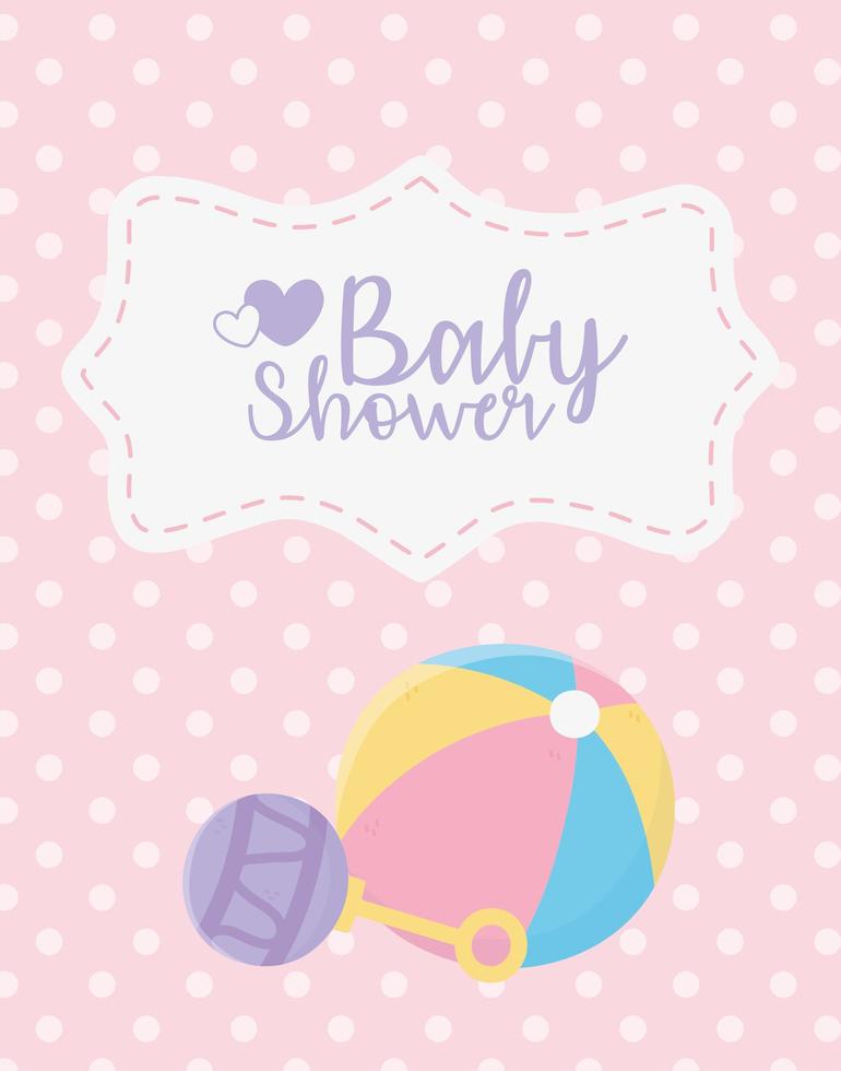 baby shower, rammelaar en bal speelgoed gestippelde roze achtergrond viering kaart vector