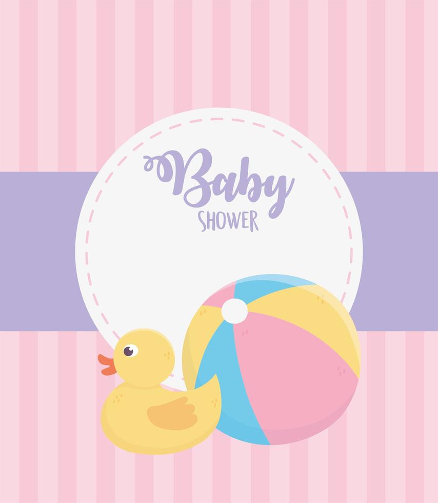baby shower, rubberen eend en plastic bal roze strepen achtergrond vector