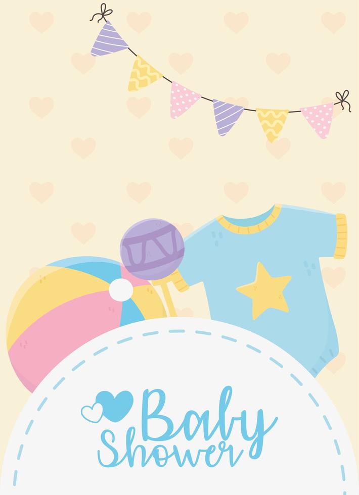 babyshower, blauwe bodysuit rammelaar en balwimpels decoratie vector