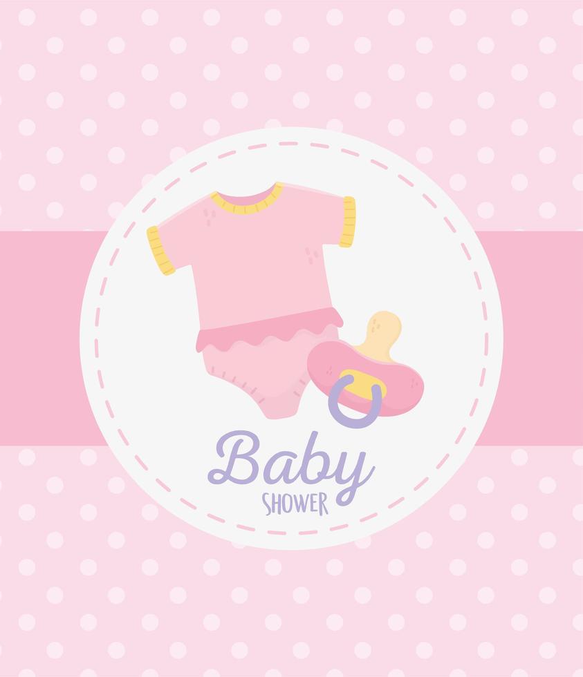 baby shower, bodysuit en fopspeen viering stippen roze achtergrond label vector