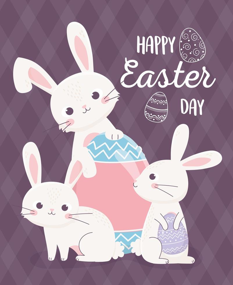 gelukkige paasdag konijntjes met delicate eieren decoratie vector