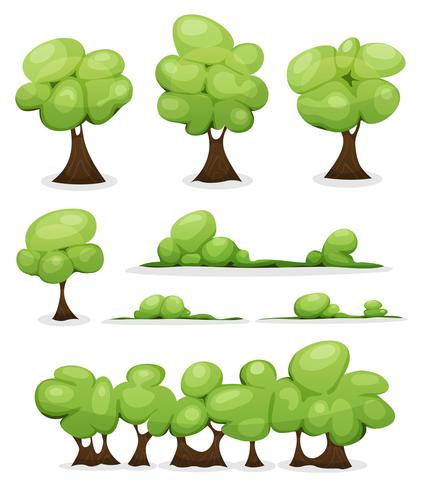 Cartoon bomen, hagen en Bush Leaves Set vector