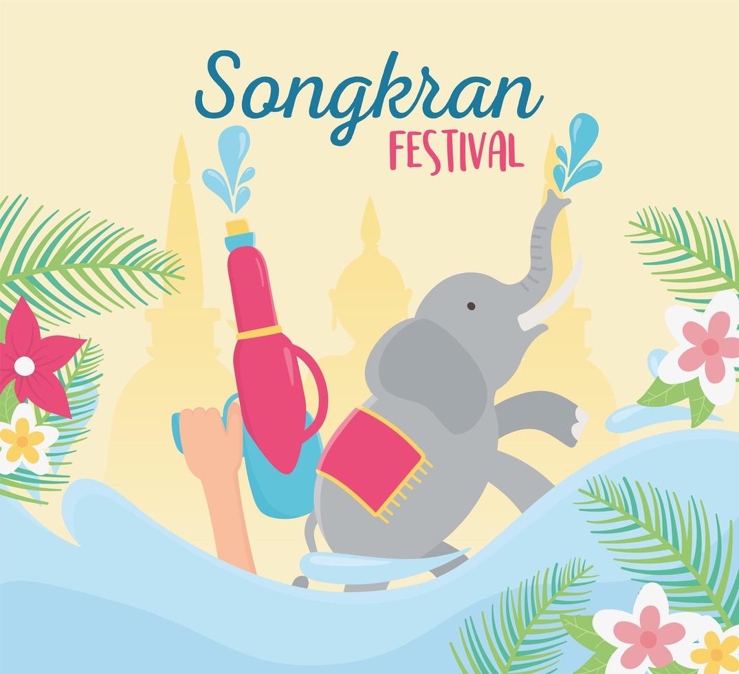 songkran festival hand met waterpistool olifant water bloemen vector