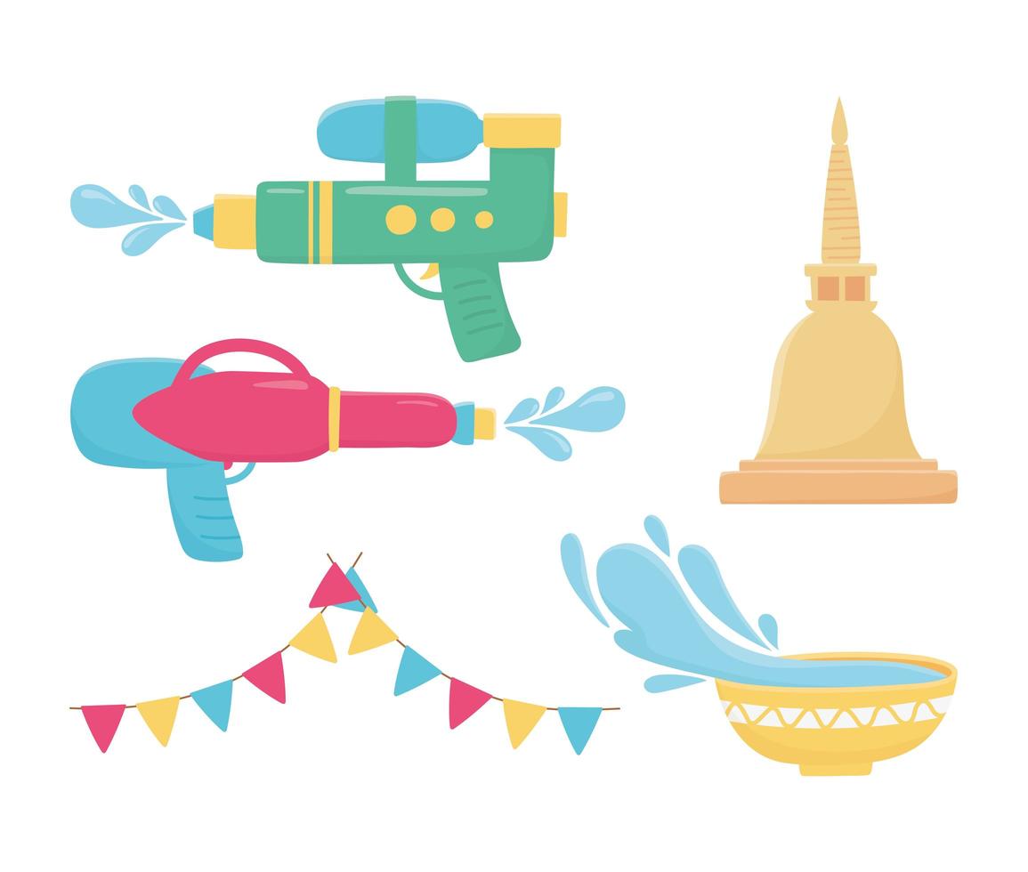 songkran festival plastic waterpistolen kom thailand pictogrammen vector