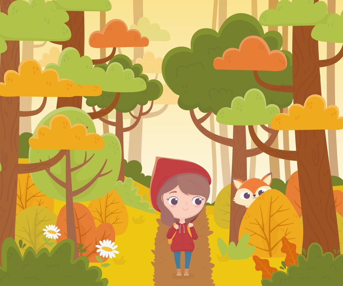 roodkapje wandelen in het bos en wolf kijken naar sprookjes cartoon vector