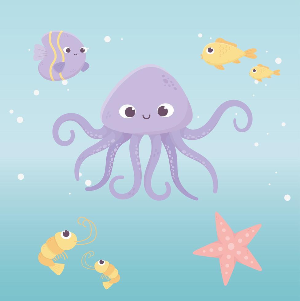 octopus vissen zeester garnalen leven cartoon onder de zee vector