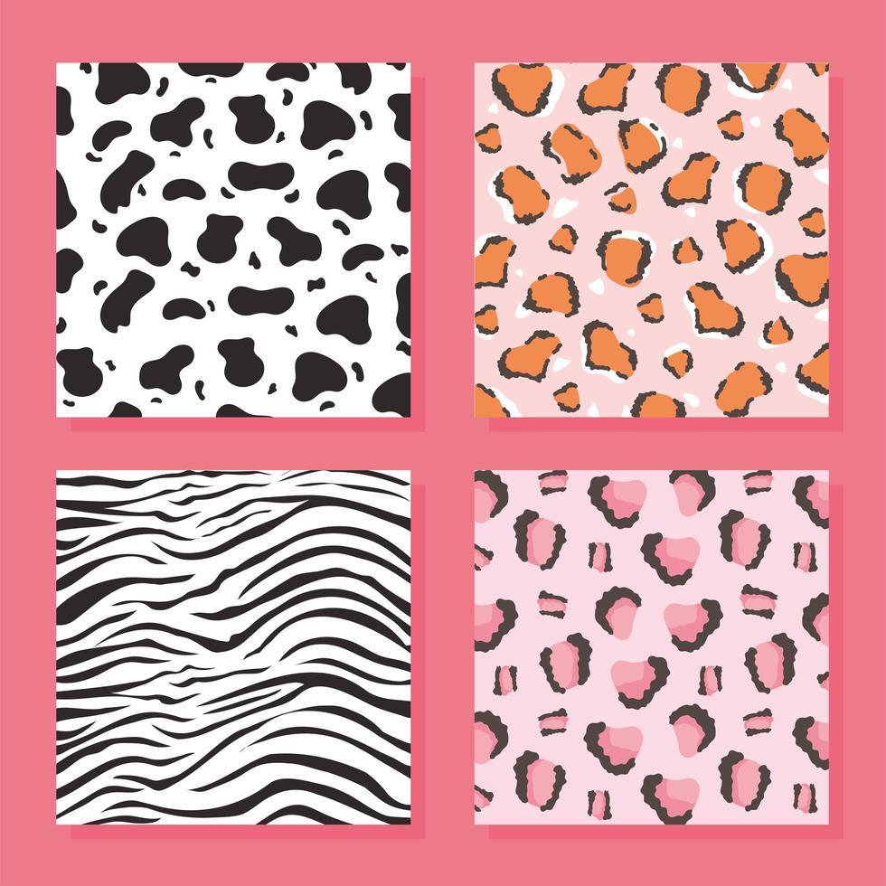 set van wilde dierenhuid patroon, roze achtergrond vector