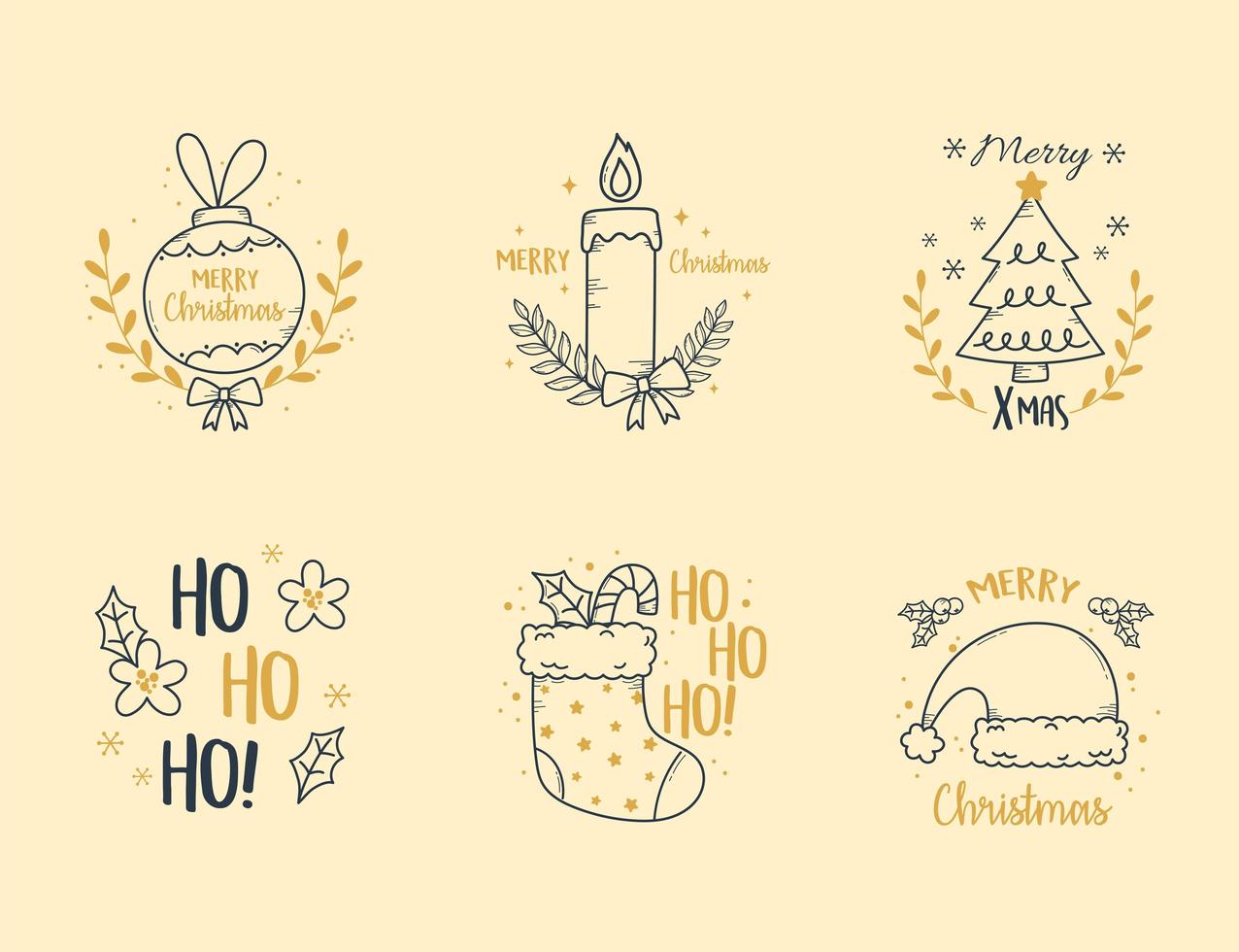 merry christmas set labels decoratie met kaarsboom sok en bal vector