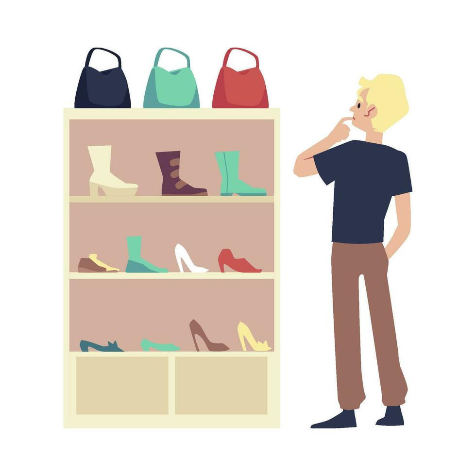 wit mannetje staand Bij schoenen winkel voordat schoen rek met vrouw schoenen, Tassen en laarzen. vector