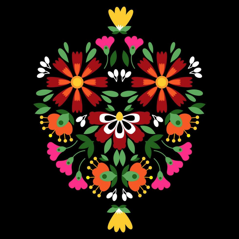 samenstelling van bloemen en groen bladeren Mexicaans borduurwerk vector