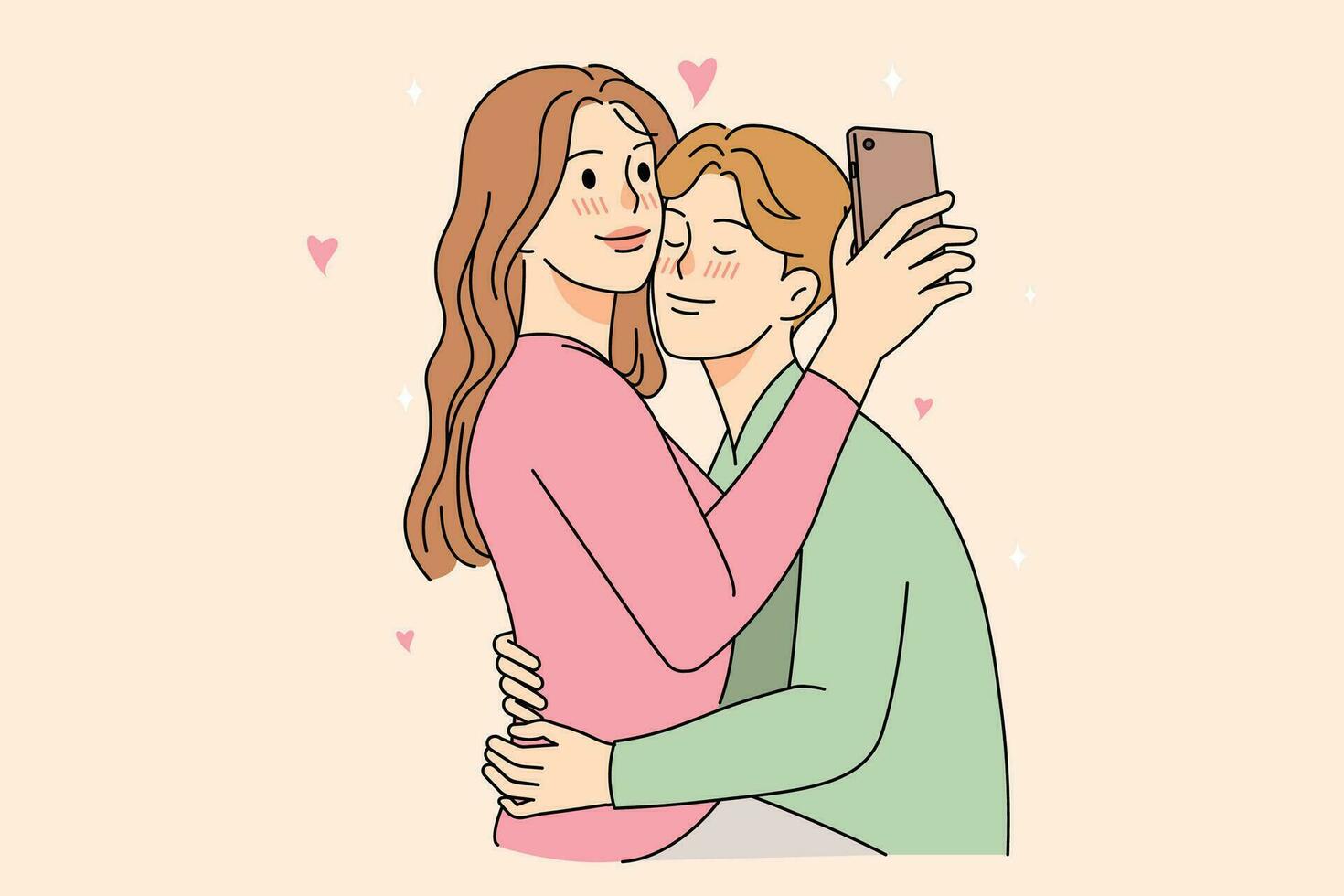 gelukkig paar knuffelen maken zelfportret afbeelding Aan mobiele telefoon. glimlachen vrouw zitten Aan geliefde Mens ronden nemen selfie Aan mobiele telefoon samen. liefde en verhoudingen. vector illustratie.