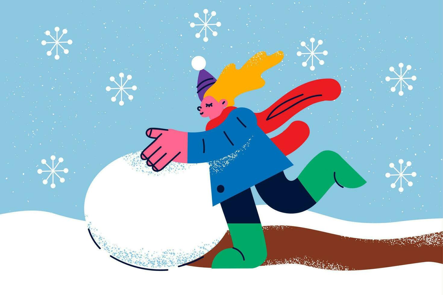 gelukkig weinig meisje kind in bovenkleding hebben pret maken sneeuwman wandelen alleen Aan straat. glimlachen klein kind genieten winter vakantie buitenshuis maken sneeuwballen. vakantie en jeugd. vector illustratie.