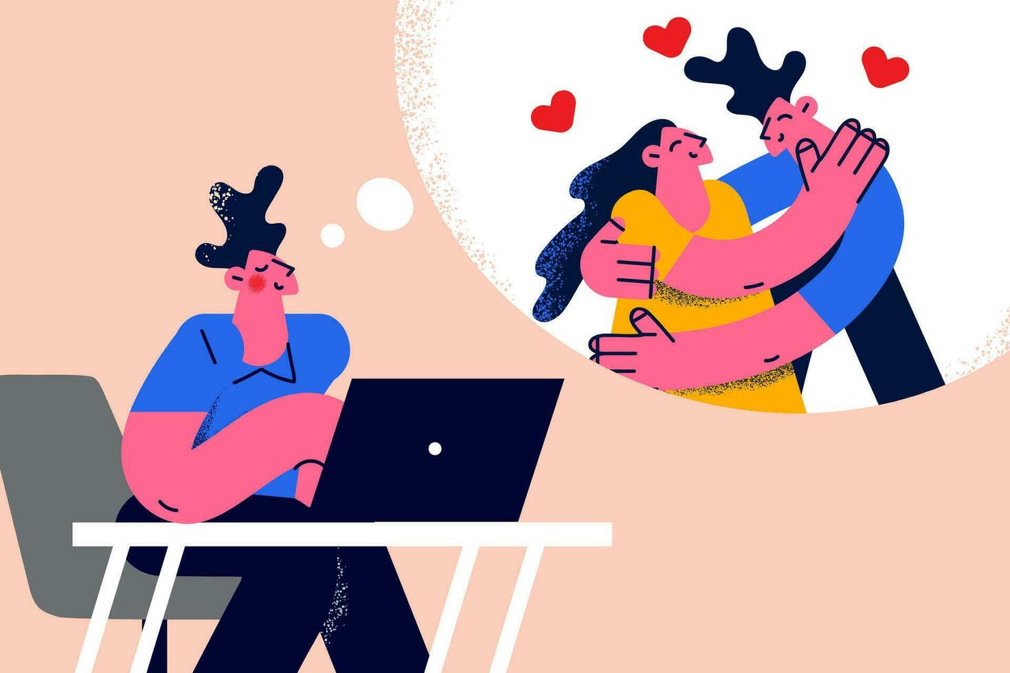 gelukkig dromerig jong Mens gebruik laptop dating online stel je voor geslaagd verhoudingen. glimlachen vent flirt Aan internet droom van gelukkig huwelijk of relaties. vlak vector illustratie.