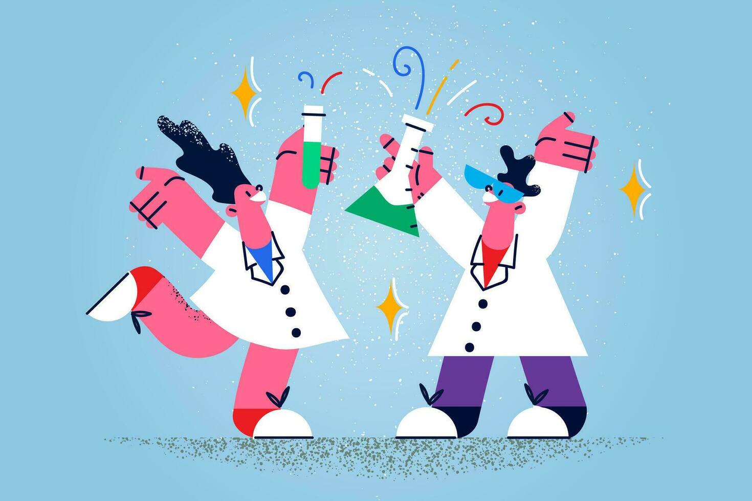 dolblij verschillend artsen in medisch uniform houden buizen vieren vaccin ontdekking. gelukkig wetenschappers of onderzoekers Open nieuw technologie. vaccinatie en biotechnologie. vector illustratie.