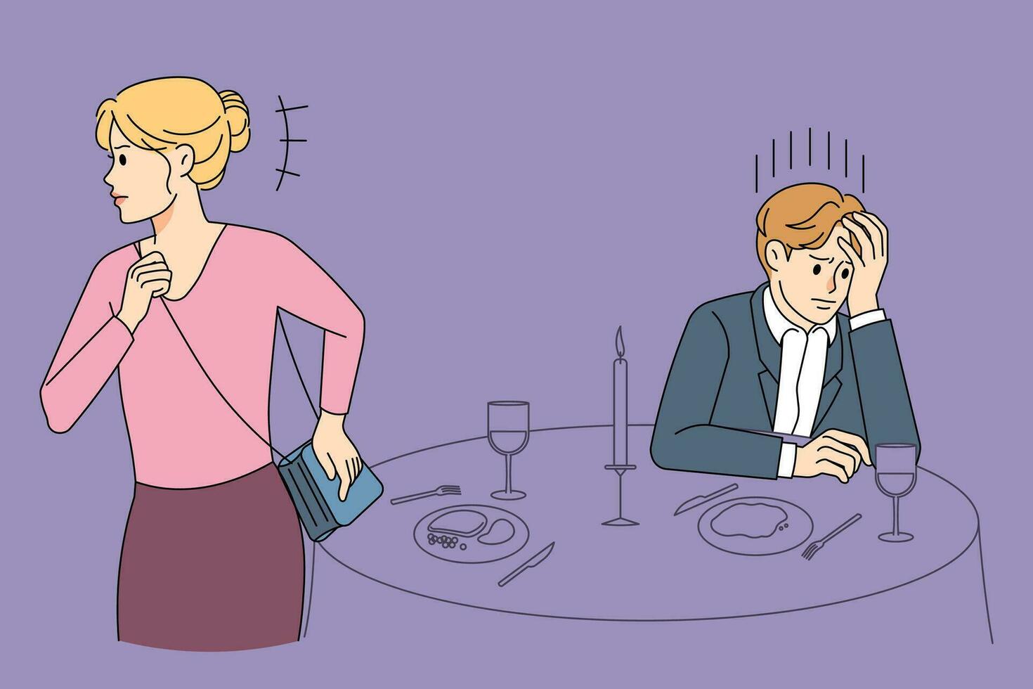 boos jong vrouw weggaan minnaar alleen in restaurant breken omhoog of scheiden. boos vrouw vertrekken cafe na mislukt datum. romantisch relaties probleem concept. vector illustratie.