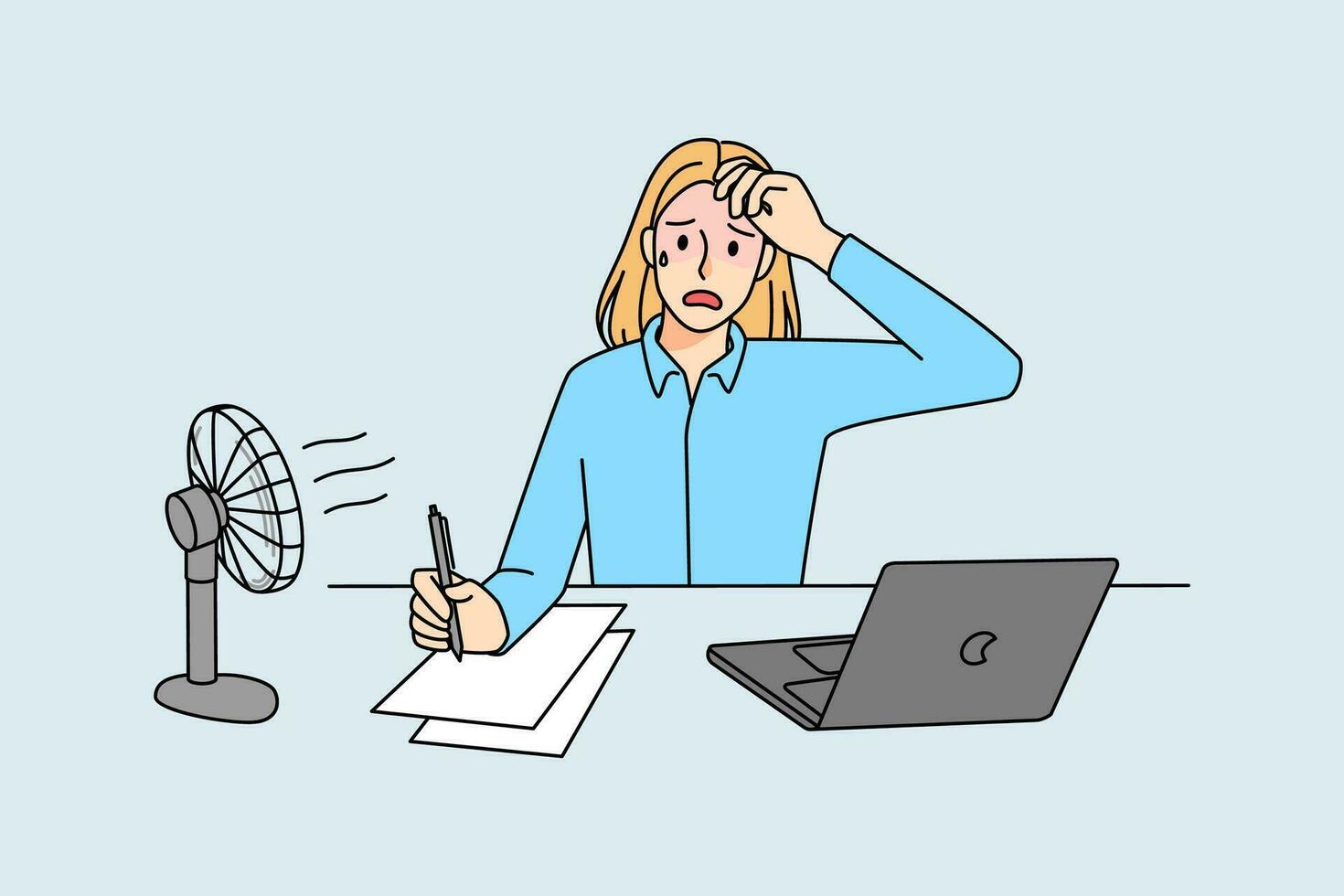 benadrukt moe vrouw werknemer werken Aan tafel Aan computer gedurende heet weer dagen. uitgeput onwel vrouw werk in warmte met fan. zomer werkdag in kantoor. vector illustratie.