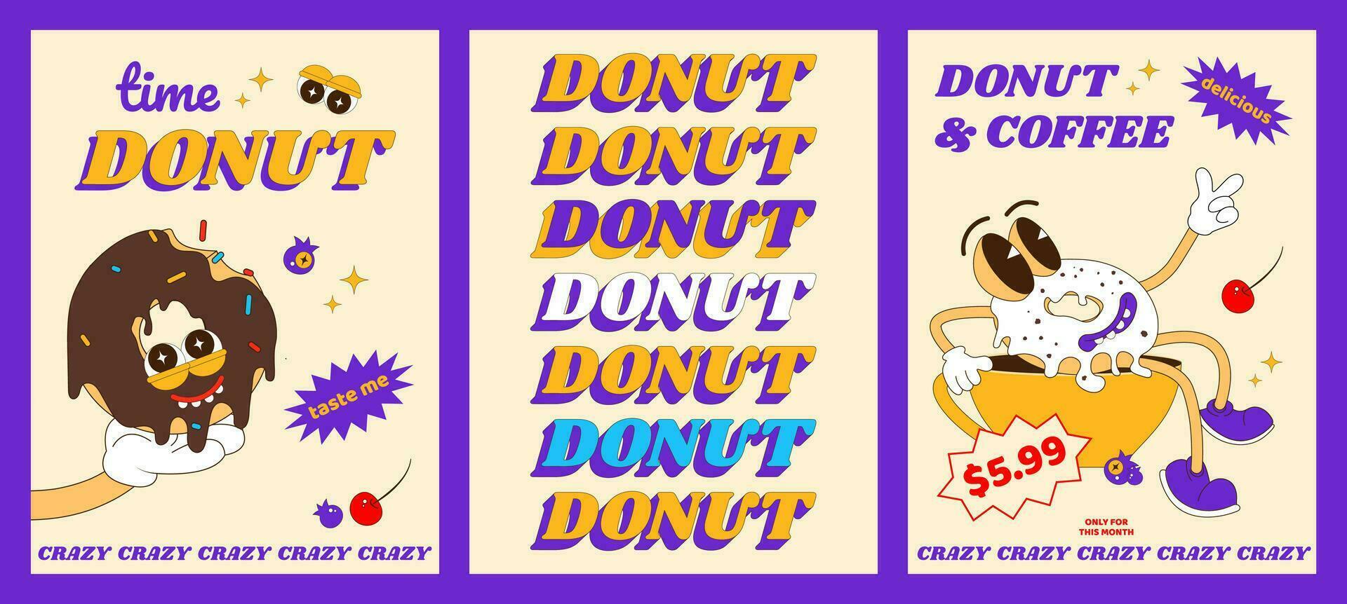 modieus psychedelisch posters met grappig snoepgoed karakters. vrolijk donut mascotte. poster ontwerp voor koffie winkel, bakkerij, menu. vector illustratie in tekenfilm stijl.