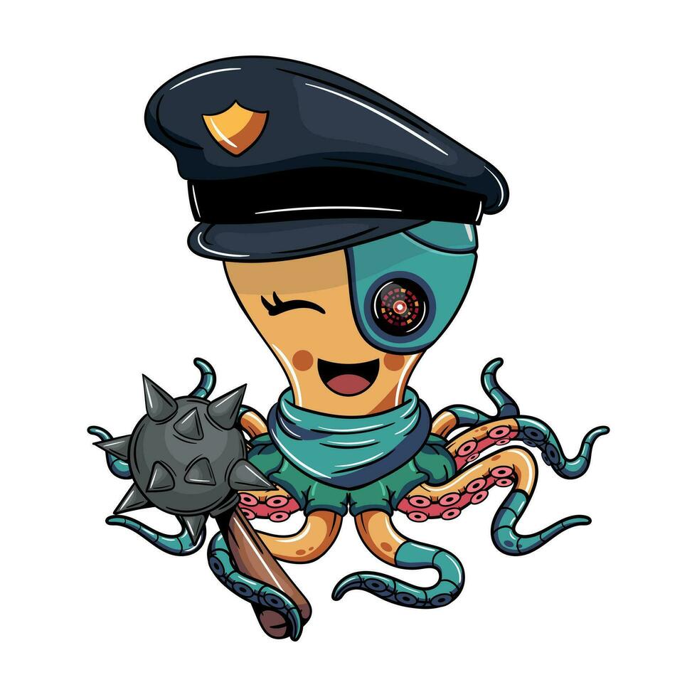 tekenfilm grappig karakter Octopus cyborg politieagent met een oorlog foelie. illustratie voor fantasie, wetenschap fictie en avontuur comics vector