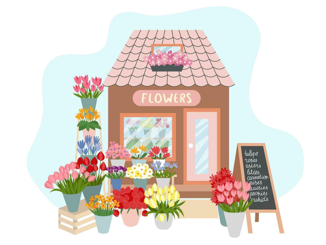 bloemen markt facade interieur illustratie. vlak stijl bloem winkel versierd met planten en bloemen vector illustratie.