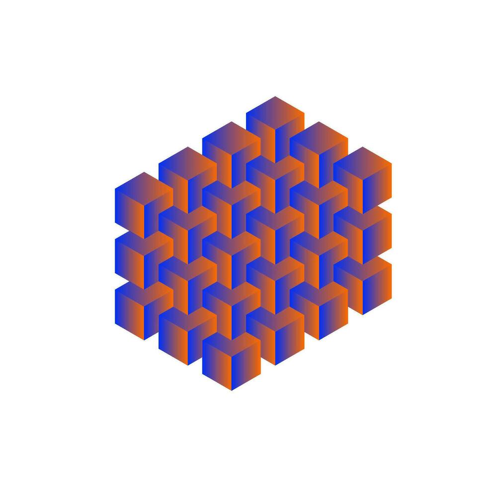 3d oranje en blauw helling kubus dozen stapel. isometrische kubiek blokken structuur vector illustratie. veelhoekige meetkundig stapels puzzel ontwerp.