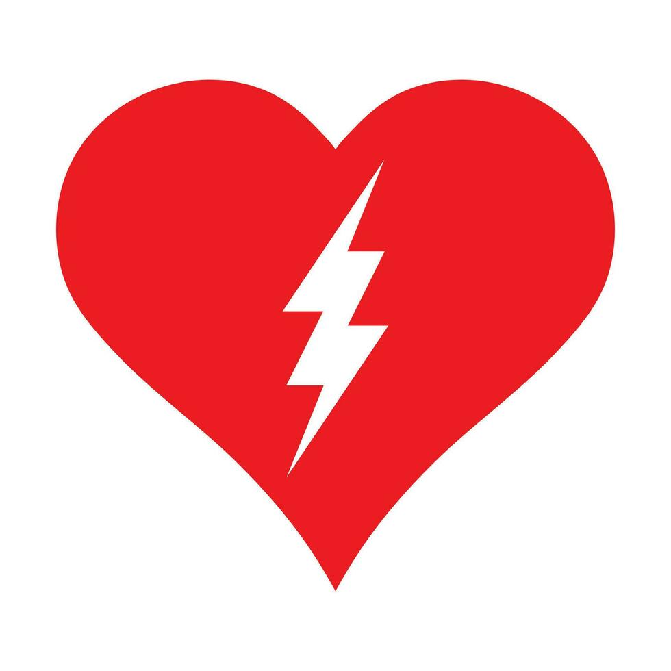 aed icoon, geautomatiseerd extern defibrillator, aed teken met hart en elektriciteit symbool vlak vector icoon.