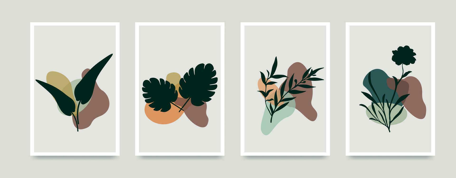 botanische muur kunst vector set. gebladerte lijntekeningen tekenen met abstracte vorm. abstract plantkunstontwerp voor print, omslag, behang, minimale, natuurlijke muurkunst en anderen. vectorillustratie.