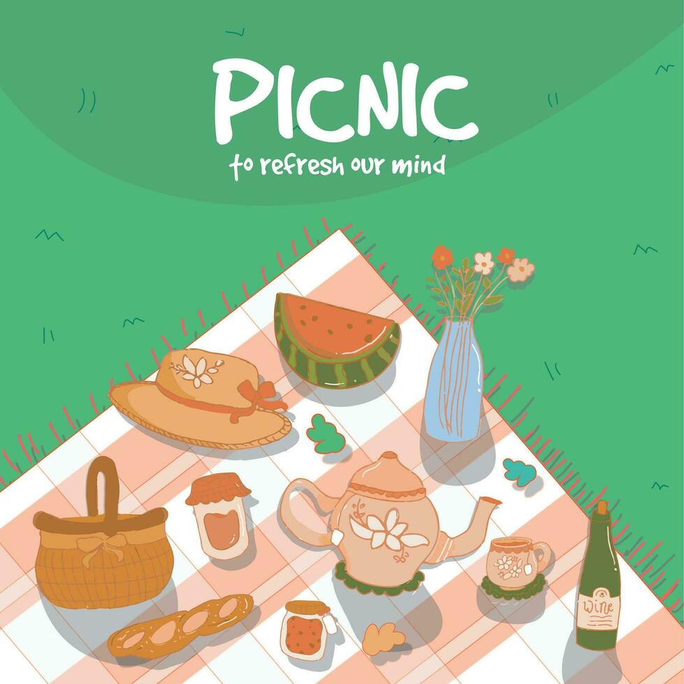 picknick poster met theepot en thee tijd brood, kar, fruit, bloem, leer hoed, en jam in mooi tuin vector