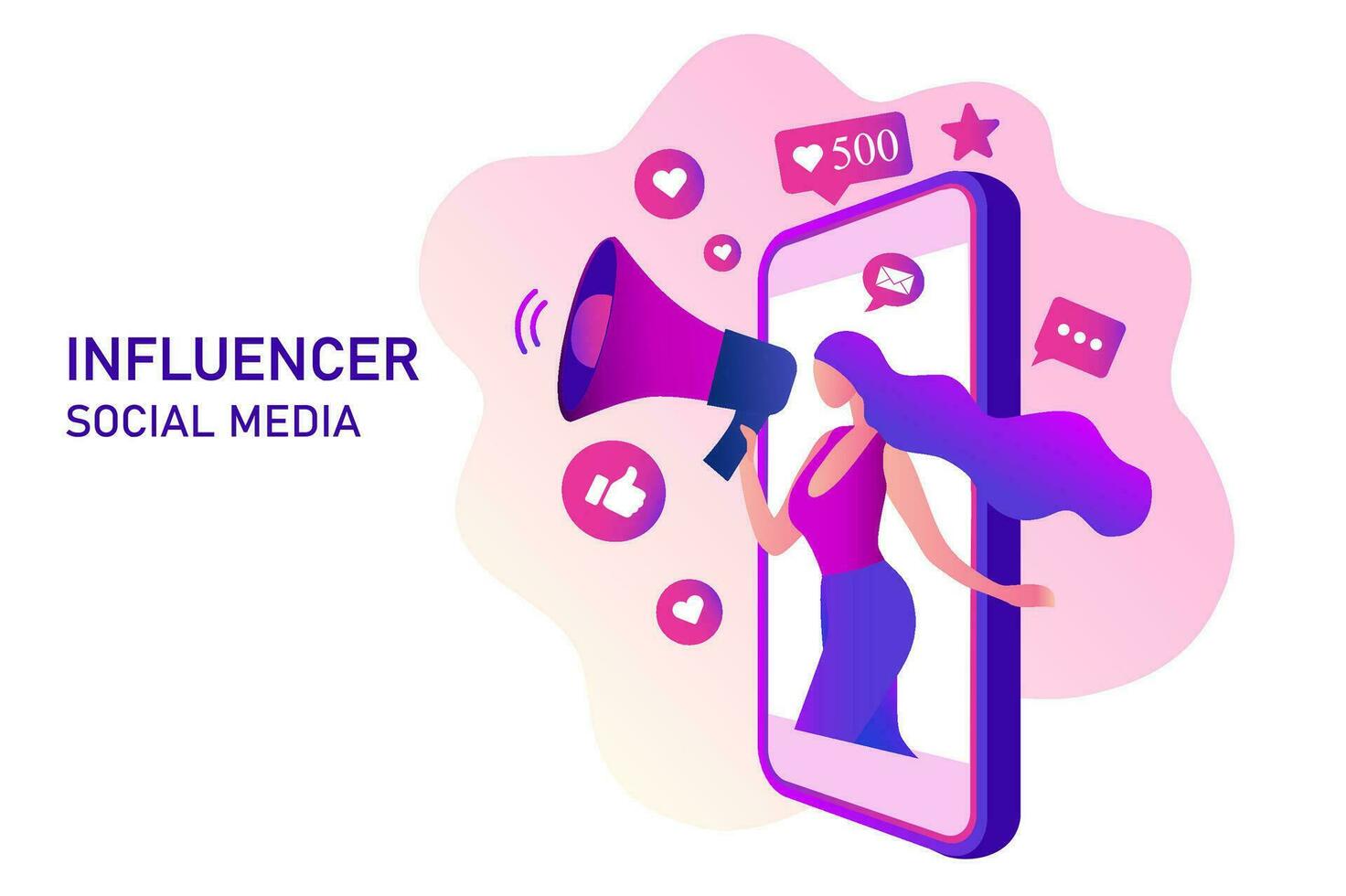 mooie vrouw schreeuwen in luidspreker met social media iconen. influencer social media marketing, blogger, vloggen, social influencer en influencer marketing concept vectorillustratie vector