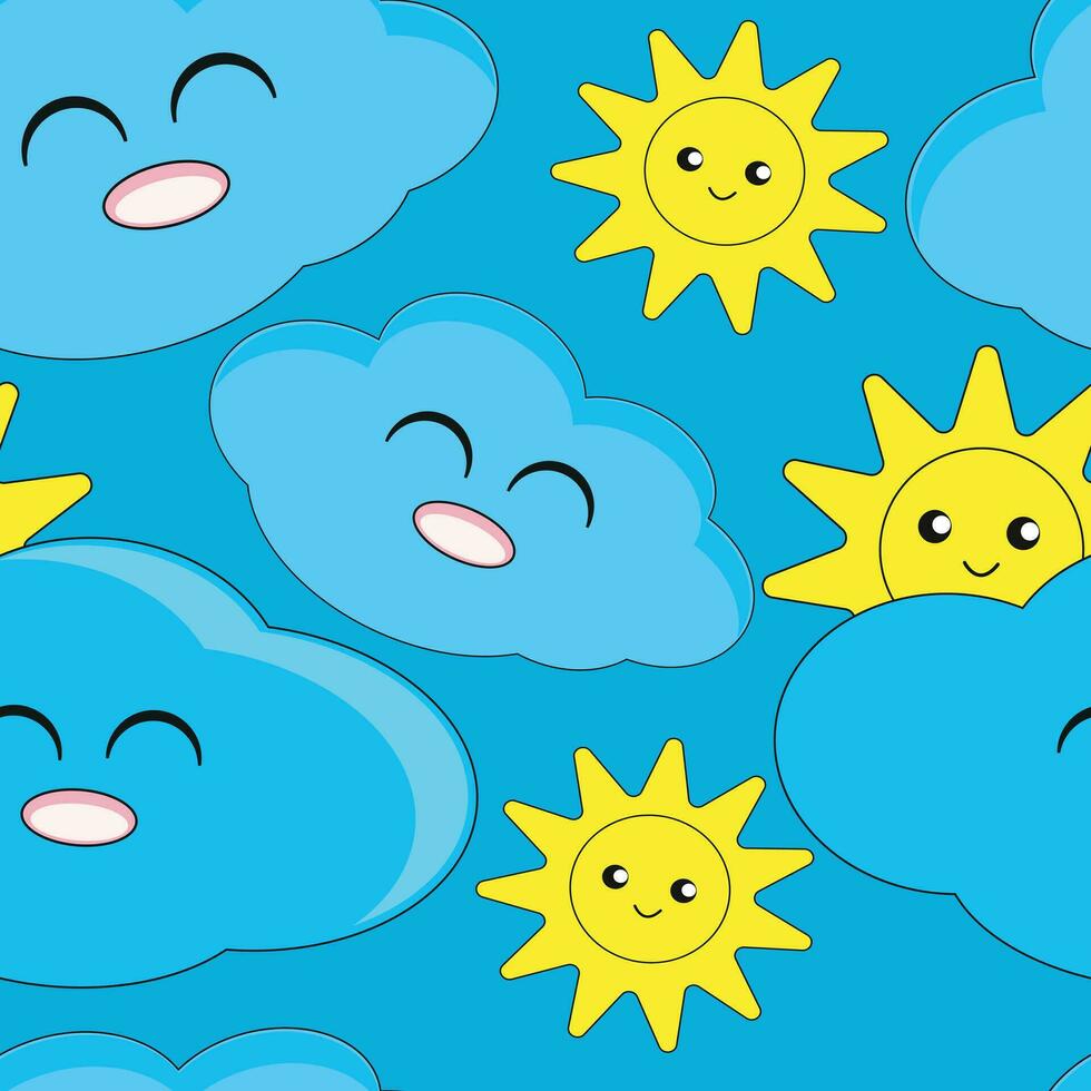 schattig kawaii glimlachen wolk en geel zon naadloos patroon Aan een blauw achtergrond. zomer, natuur. hand getekend meetkundig naadloos patroon. vector illustratie.