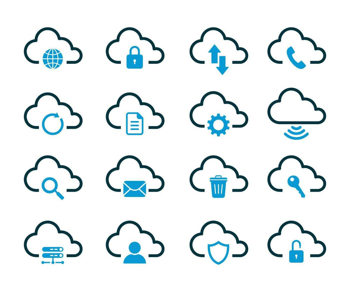 wolk berekenen icoon set. bevat zo pictogrammen net zo gegevens synchronisatie, overdracht, wolk instellingen, en meer. vector