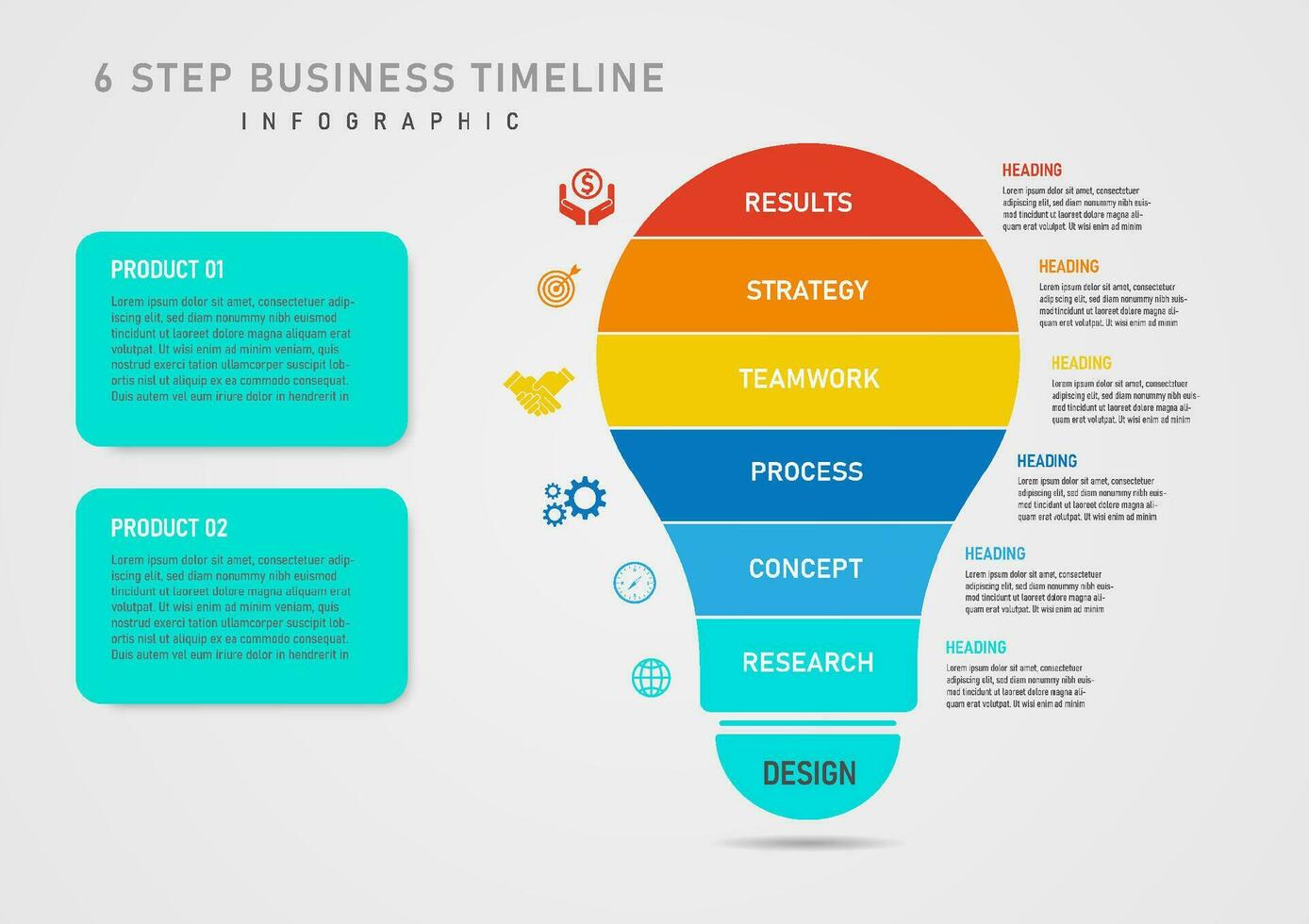 infographic 6 stap bedrijf plan voor succes licht lamp verdeeld in veelkleurig segmenten midden- wit tekens Daar is een icoon Aan de links en een brief Aan de Rechtsaf. grijs helling achtergrond vector