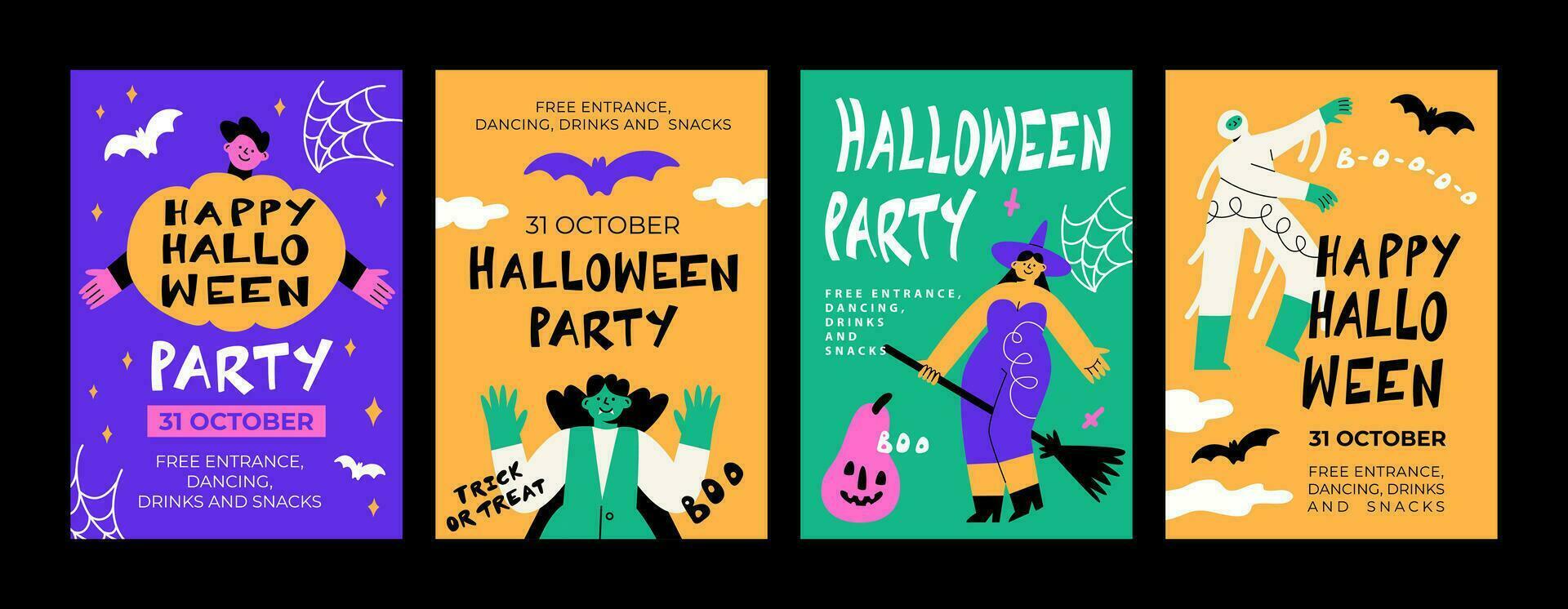 een reeks van posters voor een halloween feest. grappig mensen in pakken. pompoen, heks, mama en vampier vector