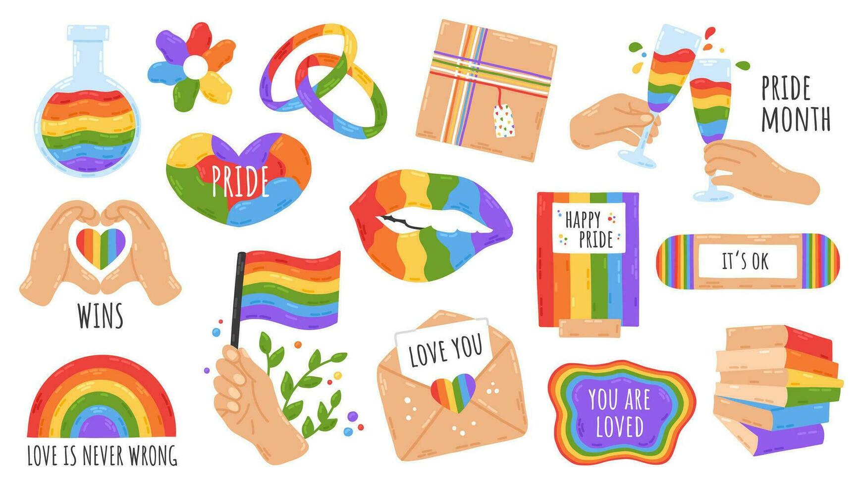 reeks symbolen van lgbt trots gemeenschap. lgbt sticker pak Aan wit achtergrond. regenboog hand- getrokken vlak tekenfilm elementen. vector illustratie