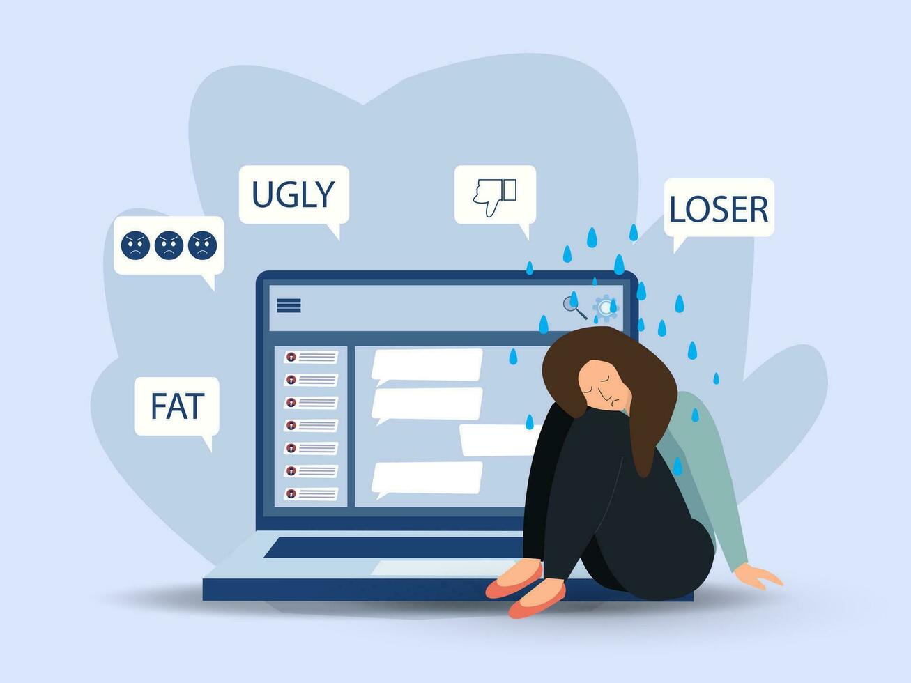 cyber pesten. verdrietig vrouw met laptop ontvangen knal omhoog berichten. online misbruik concept. tiener zittend Aan de verdieping en huilen. vector illustratie in vlak tekenfilm stijl.
