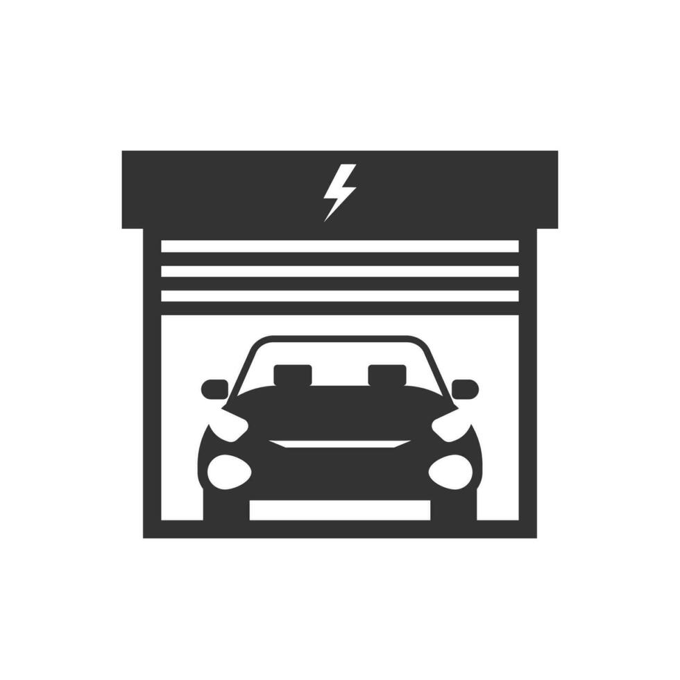 vector illustratie van elektrisch auto garage icoon in donker kleur en wit achtergrond