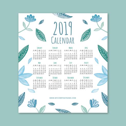 Leuke 2019 kalender met blauwe bladeren en bloemen vector